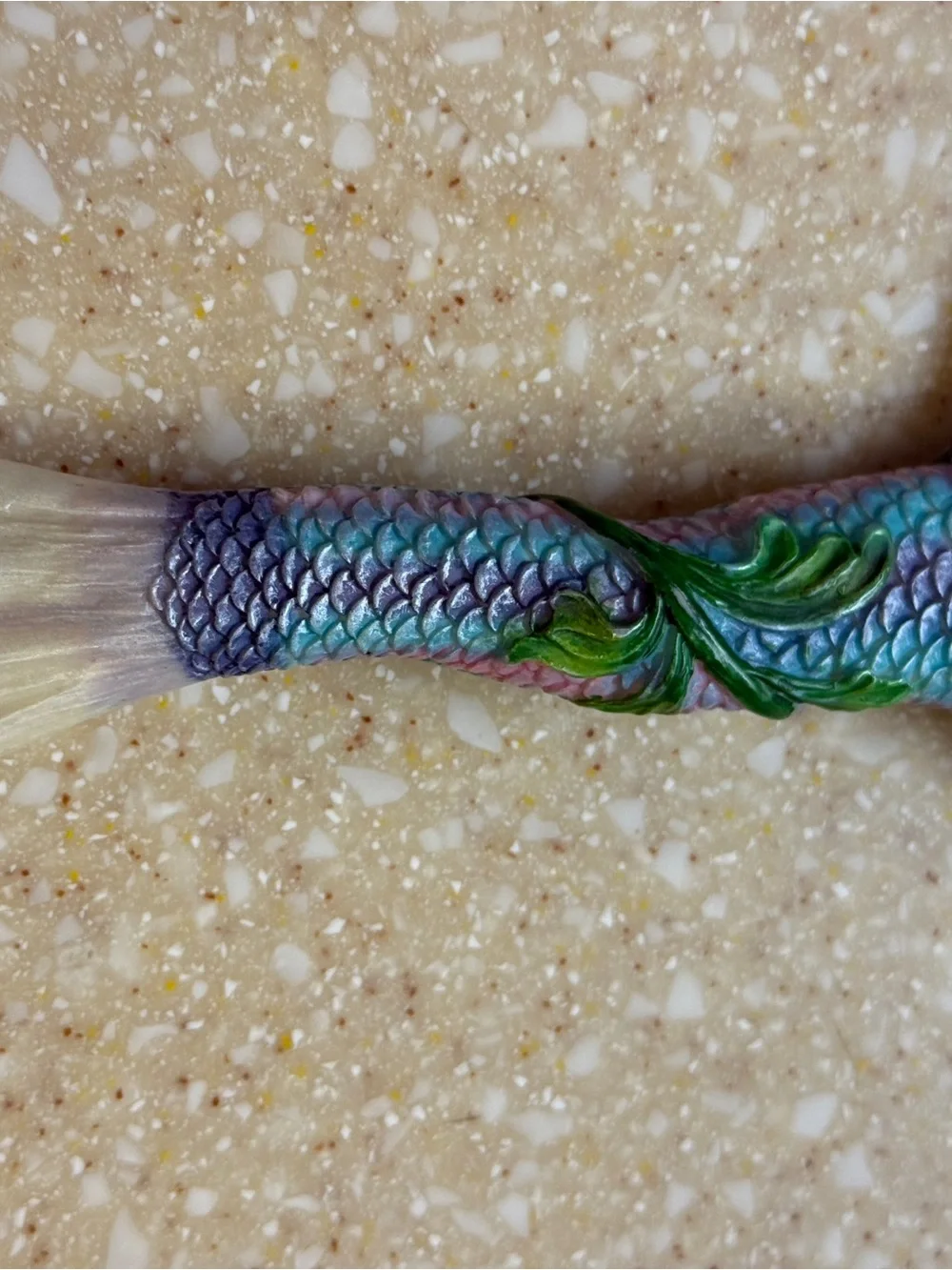 Mermaid Scale Hand Mirror with Green Leaf Accents